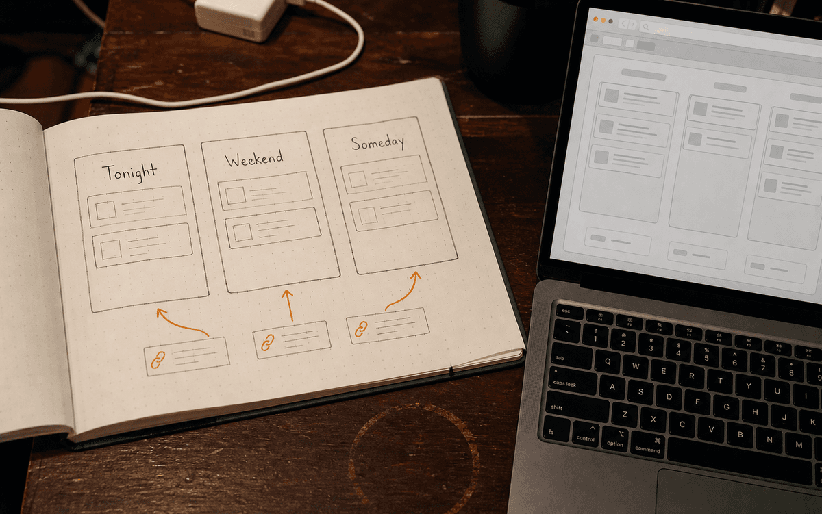 A notebook sketch of Pocket Queue beside an early laptop wireframe, with Tonight, Weekend and Someday columns.