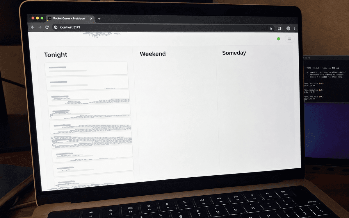 The first Pocket Queue browser prototype with every saved link incorrectly stacked under Tonight.