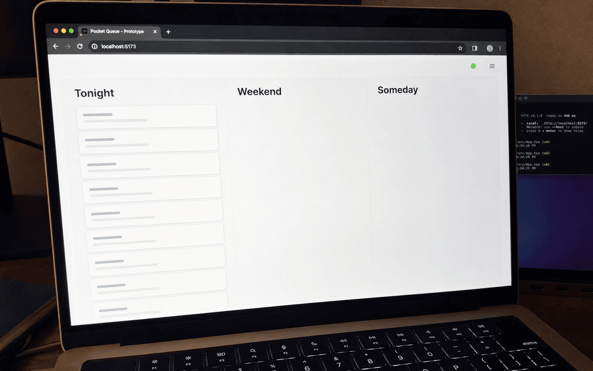 The first Pocket Queue browser prototype with every saved link incorrectly stacked under Tonight.